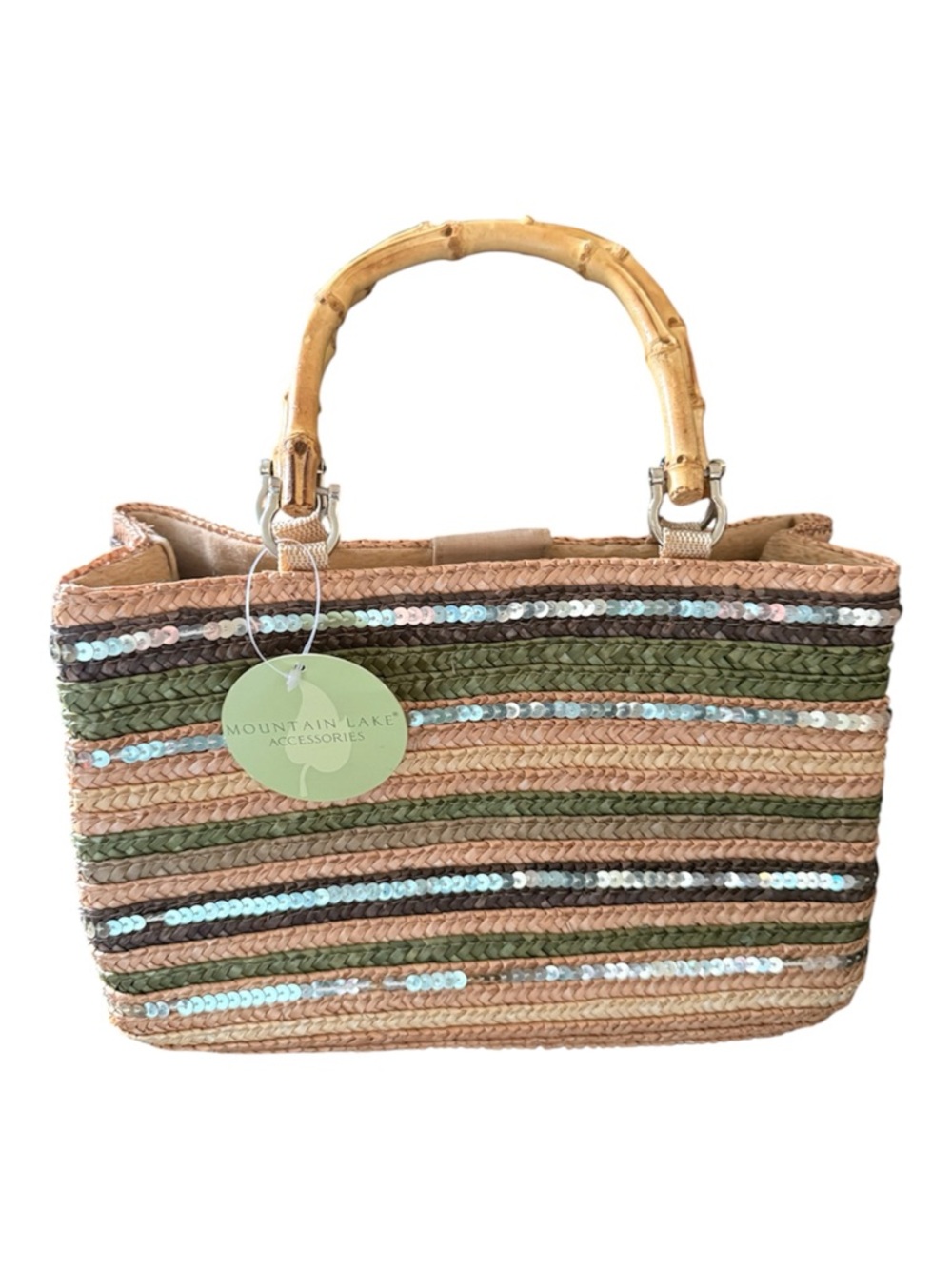Mountain Lake Striped Straw Tote with Bamboo Handles in Natural and Green